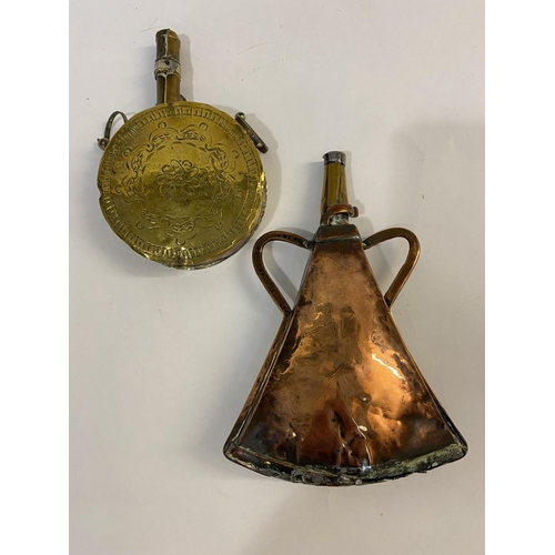 828 - A MORROCAN TYPE POWDER FLASK AND ANOTHER. A brass and copper powder flask of irregular form with cop... 