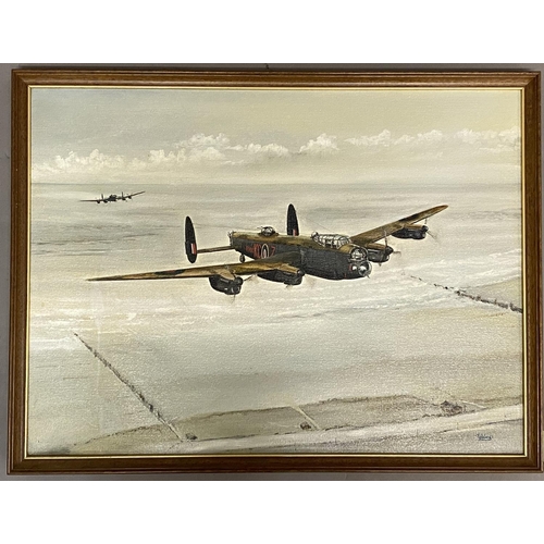 850 - DAVID GIBBINGS MBE (1932 - ) Two Lancaster bombers returning to land, oil on canvas, signed lower ri... 