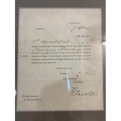 859 - LORD PALMERSTON, 12TH FOOT AUTOGRAPHED LETTER. A framed letter from the War Office dated 7th Septemb... 