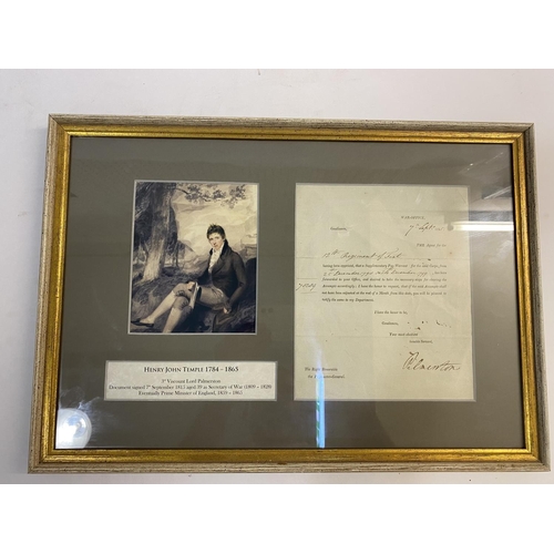 859 - LORD PALMERSTON, 12TH FOOT AUTOGRAPHED LETTER. A framed letter from the War Office dated 7th Septemb... 