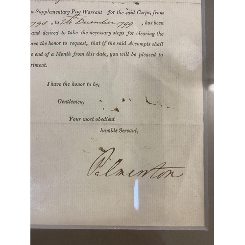 859 - LORD PALMERSTON, 12TH FOOT AUTOGRAPHED LETTER. A framed letter from the War Office dated 7th Septemb... 