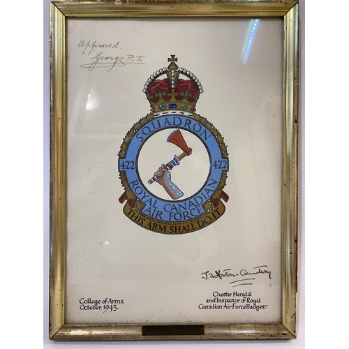 860 - 422 SQUADRSON APPROVAL OF CREST SIGNED BY GEORGE VI. A painted and gilt Royal Canadian Air Force Cre... 