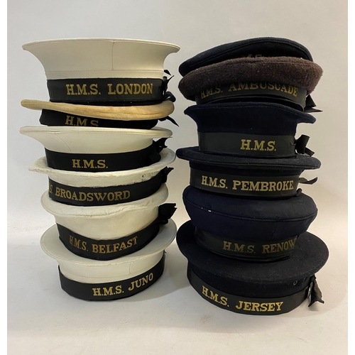 894 - A COLLECTION OF ROYAL NAVY RATINGS HATS. A collection of uniform hats, white with cap ribbons for M.... 