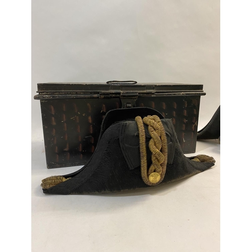 900 - A ROYAL NAVY BICORN HAT BY GIEVES IN BOX WITH ACCESSORIES. The Japanned Gieves box named for R.E. Lu... 