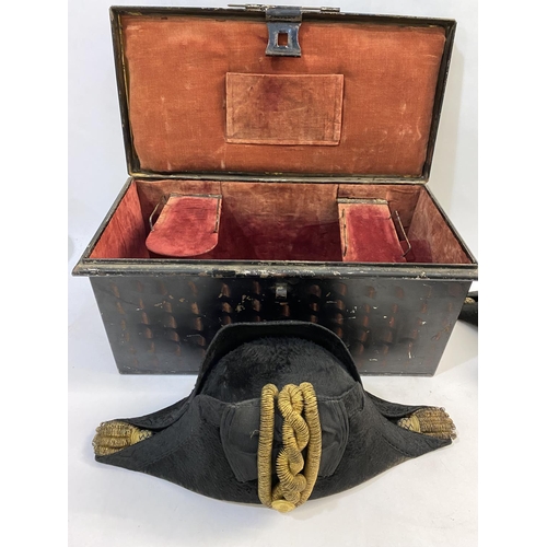 900 - A ROYAL NAVY BICORN HAT BY GIEVES IN BOX WITH ACCESSORIES. The Japanned Gieves box named for R.E. Lu... 