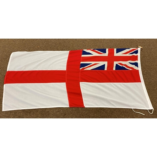 953 - TWO WHITE ENSIGN FLAGS AND ANOTHER. A white ensign, the border possibly dated 1987 with metal fixing... 