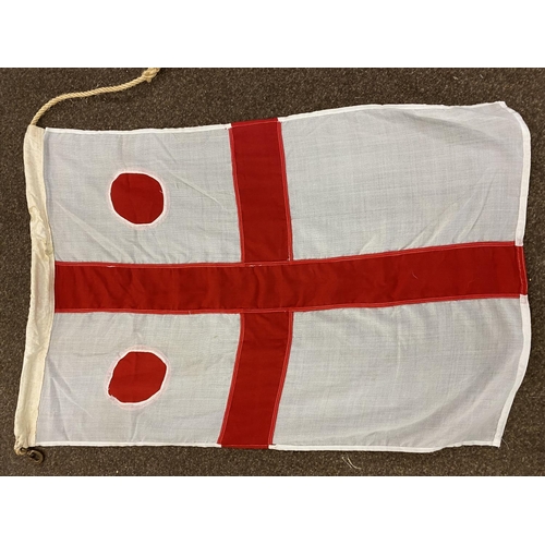 953 - TWO WHITE ENSIGN FLAGS AND ANOTHER. A white ensign, the border possibly dated 1987 with metal fixing... 