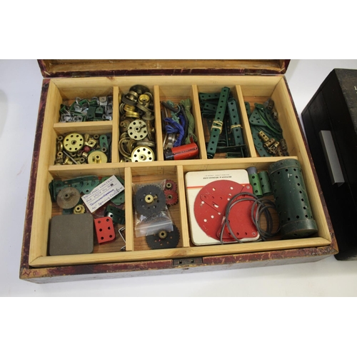 1378 - TWO BOXED SETS OF MECCANO including one wooden box with lift out tray and layer below, marked on the... 