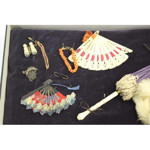 1429 - ANTIQUE DOLL ACCESSORIES including a late 19thc miniature dolls parasol with ivory handle and tip (1... 