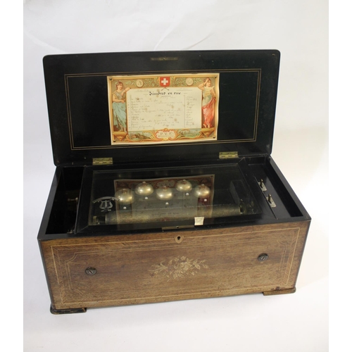 1458 - LARGE VICTORIAN MUSICAL BOX - P.V.F a large musical box with a bells in view 12 air movement, with c... 