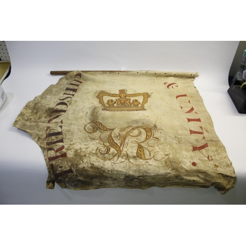 1472 - VICTORIAN FRIENDLY SOCIETY BANNER a double sided leather banner painted on one side Friendship & Uni... 