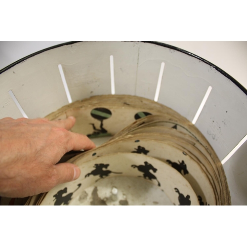 1475 - VICTORIAN ZOETROPE WHEEL OF LIFE with a revolving metal canister with vertical slits, and supported ... 