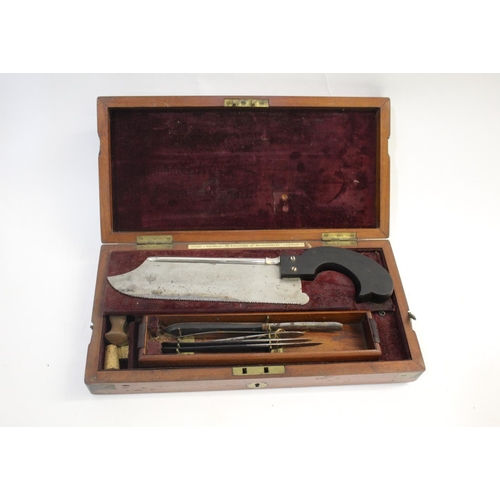 1478 - 19THC SURGEONS SET - EVANS & WORMULL the mahogany case with a metal plaque A M D Post Mortem Instrum... 