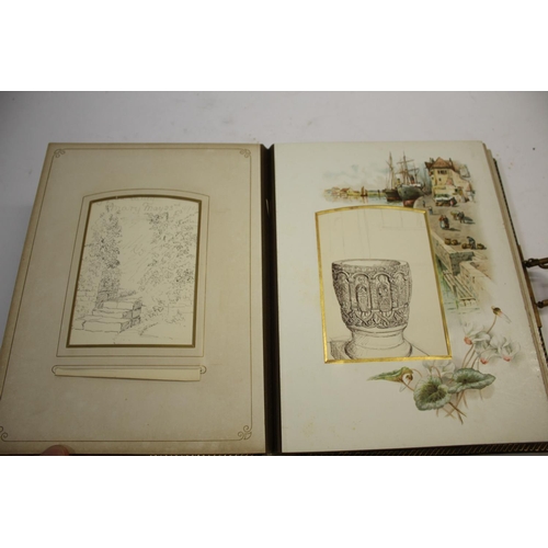 1481 - EARLY 20THC MUSICAL PHOTOGRAPH ALBUM, PHOTOGRAPHS & DRAWINGS a leather bound album with a working mu... 