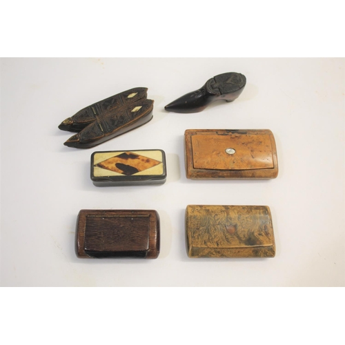 1490 - TREEN SNUFF BOXES including a carved snuff box in the form of two shoes's, with a hinged lid and bon... 