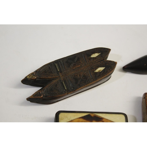 1490 - TREEN SNUFF BOXES including a carved snuff box in the form of two shoes's, with a hinged lid and bon... 