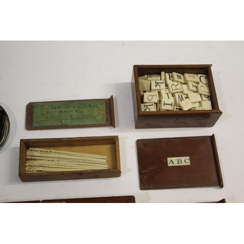 1494 - VINTAGE GAMES including a 19thc vintage alphabet game with bone letters in a small mahogany box, a b... 