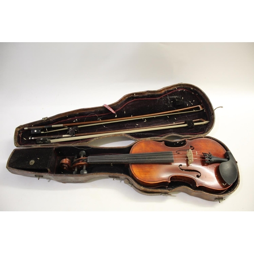 1500 - CASED VIOLIN by Westbury Antiqued, a full size violin with a two piece back, 58cms high. In a case a... 