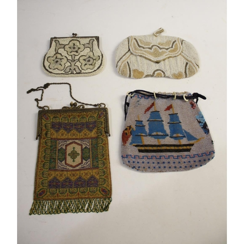 1579 - A LATE 19THC BEADWORK BAG with metal frame and chain and a delicate silk lining. Also with a draw st... 