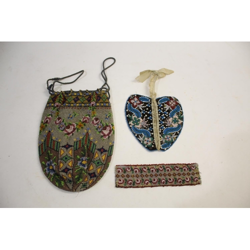 1580 - 19THC DRAW STRING BEAD PURSE witha floral design and chamons leather lining, also with a heart shape... 