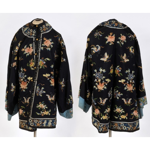 1630 - CHINESE SILK EMBROIDERED JACKET & CHINESE SILK EMBROIDERED ROBE a 19thc dark blue silk front fasteni... 