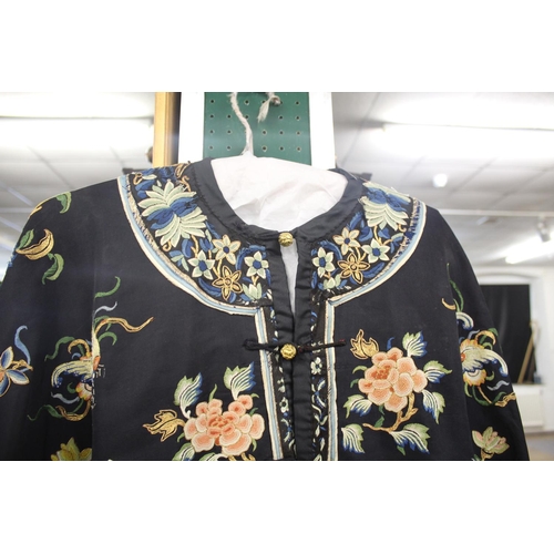 1630 - CHINESE SILK EMBROIDERED JACKET & CHINESE SILK EMBROIDERED ROBE a 19thc dark blue silk front fasteni... 