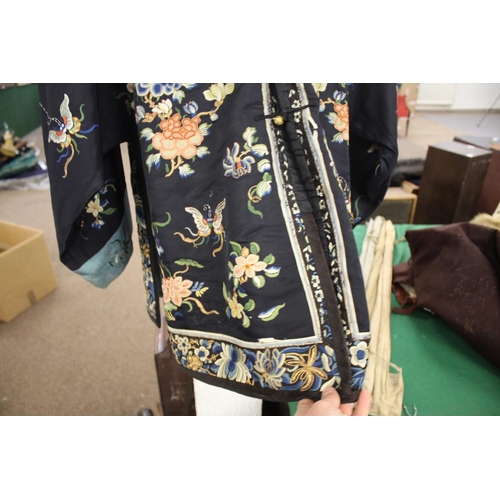 1630 - CHINESE SILK EMBROIDERED JACKET & CHINESE SILK EMBROIDERED ROBE a 19thc dark blue silk front fasteni... 