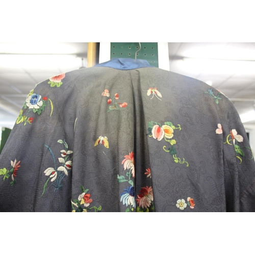 1630 - CHINESE SILK EMBROIDERED JACKET & CHINESE SILK EMBROIDERED ROBE a 19thc dark blue silk front fasteni... 