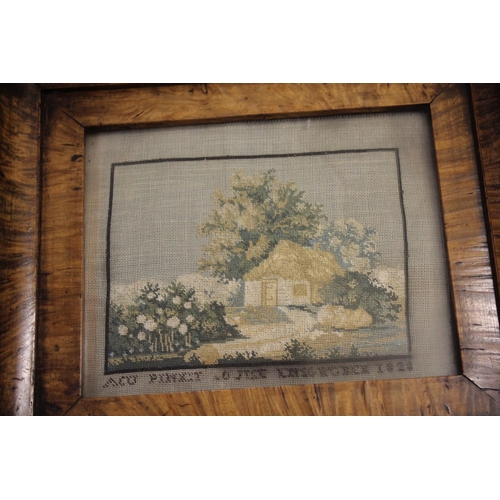 1641 - EARLY 19THC EMBROIDERY - 1828 an embroidery with a depiction of a cottage in a landscape, embroidere... 