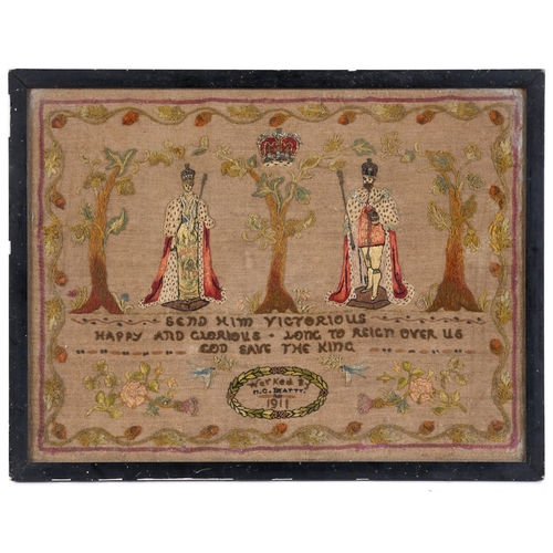 1647 - 1911 COMMEMORATIVE EMBROIDERED SAMPLER - M C BEATTY an interesting sampler with a depiction of King ... 