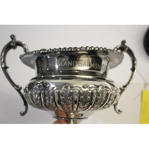 1827 - 1930'S FISHING TROPHY - THE MIDLAND SALMON CUP a large silver plated trophy on an ebonised wooden st... 