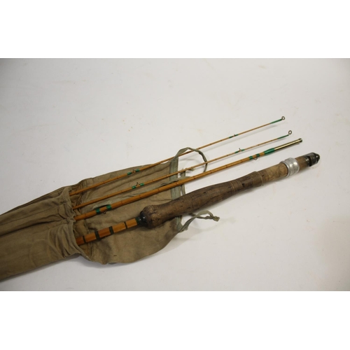 1830 - OGDEN SMITH CANE FISHING ROD a three piece cane rod with two tops and in a Ogden Smith bag, Also wit... 