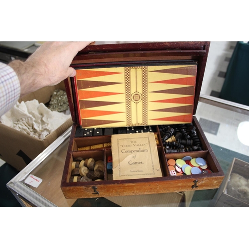 1480 - MAHOGANY GAMES COMPENDIUM probably by F H Ayres, a mahogany box with a variety of games including ch... 