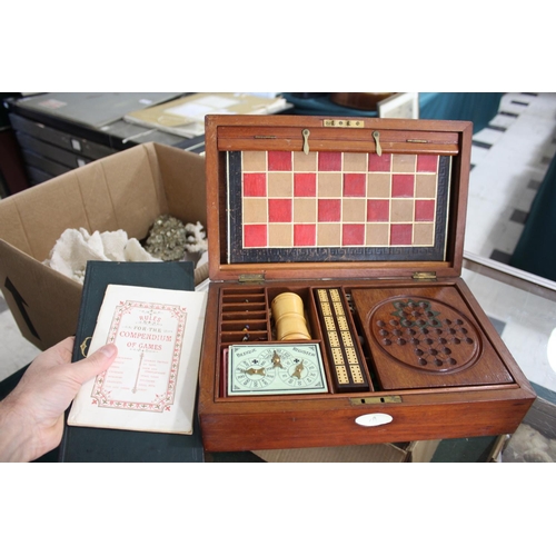 1480 - MAHOGANY GAMES COMPENDIUM probably by F H Ayres, a mahogany box with a variety of games including ch... 