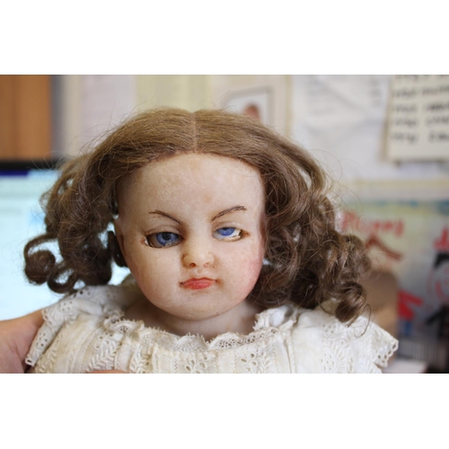 1434 - LARGE 19THC WAX DOLL - ANGELINA the large wax doll with weighted blue glass eyes and painted mouth, ... 