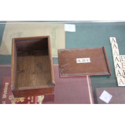 1494 - VINTAGE GAMES including a 19thc vintage alphabet game with bone letters in a small mahogany box, a b... 