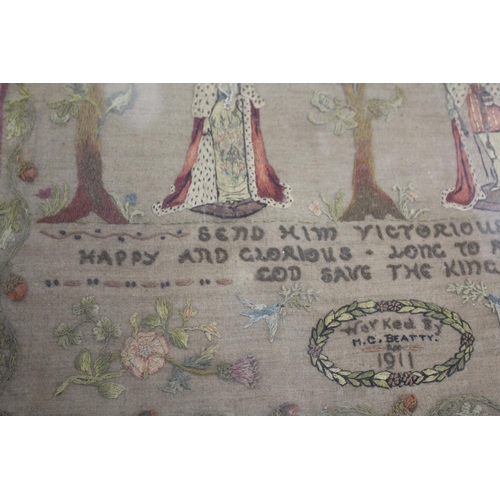 1647 - 1911 COMMEMORATIVE EMBROIDERED SAMPLER - M C BEATTY an interesting sampler with a depiction of King ... 