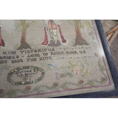 1647 - 1911 COMMEMORATIVE EMBROIDERED SAMPLER - M C BEATTY an interesting sampler with a depiction of King ... 