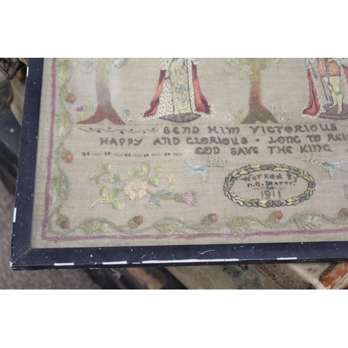 1647 - 1911 COMMEMORATIVE EMBROIDERED SAMPLER - M C BEATTY an interesting sampler with a depiction of King ... 