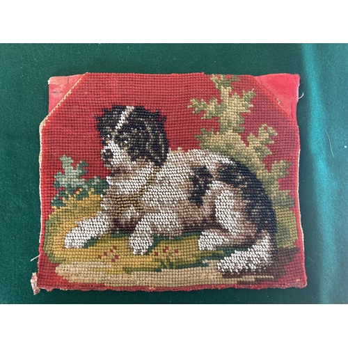 1597 - 19THC BEADWORK PANEL with a depiction of a dog, also with a small beadwork purse, a leather case wit... 