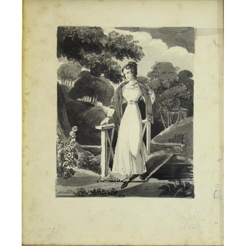 611 - DANIEL MACLISE (1806-1870) LADY AT A RUSTIC BRIDGE Ink and wash en grisaille, pencil studies in the ... 