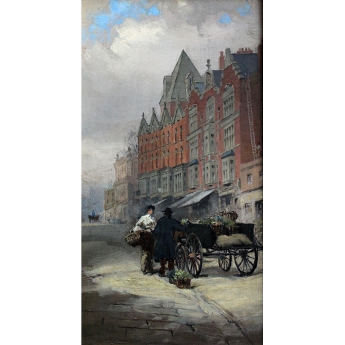 743 - ATTRIBUTED TO FREDERICK JACQUES SANG (c.1846-1931) A FLOWER SELLER'S CART ON A TOWN STREET Oil on ca... 