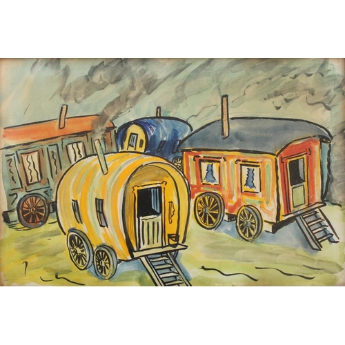 765 - ATTRIBUTED TO GERARD DILLON (1916-1971) GIPSY CARAVANS, HAMPSTEAD HEATH (1964) Watercolour and penci... 