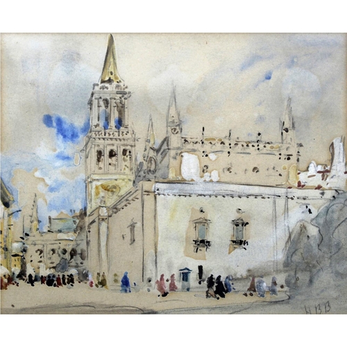 618 - HERCULES BRABAZON BRABAZON (1821-1906) FIGURES IN A TOWN SQUARE Signed with initials, watercolour an... 