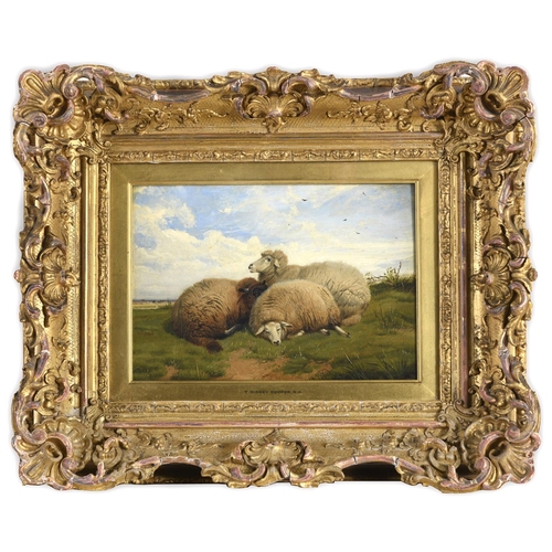 730 - THOMAS SIDNEY COOPER, RA (1803-1902) THREE SHEEP RESTING Signed and dated 1866 or 1868, oil on board... 