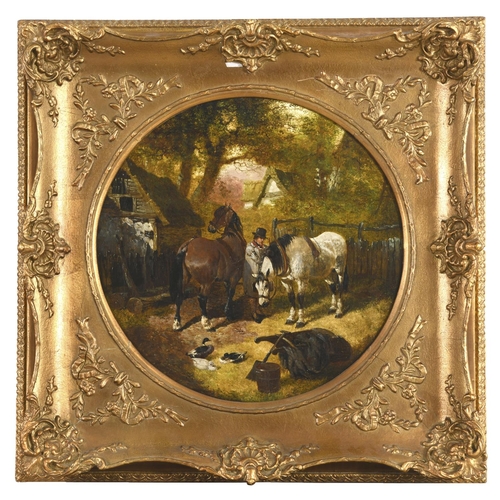731 - JOHN FREDERICK HERRING Junior (c.1820-1907) AN OSTLER TENDING HORSES IN A FARMYARD; HORSES, A COW AN... 