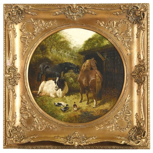 731 - JOHN FREDERICK HERRING Junior (c.1820-1907) AN OSTLER TENDING HORSES IN A FARMYARD; HORSES, A COW AN... 