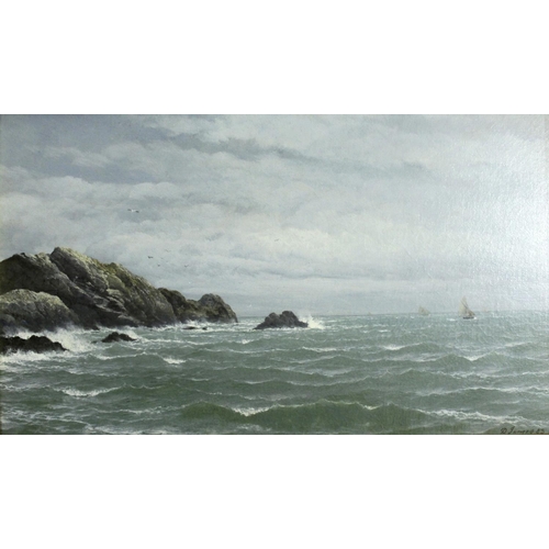 732 - DAVID JAMES (1853-1904) ROCKY COASTAL SCENES WITH SAILING BOATS A pair, both signed and dated 83, oi... 