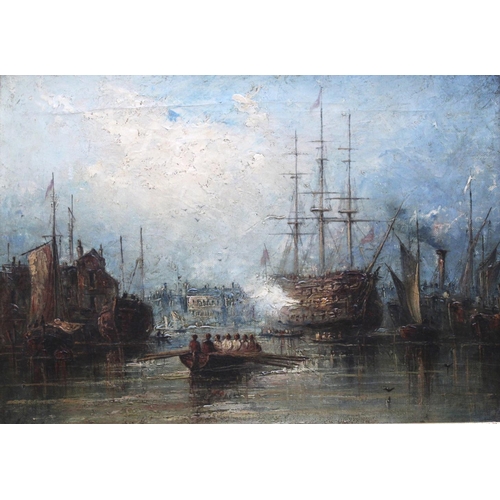733 - *** ADAMS (19/20th CENTURY) A BUSY HARBOUR SCENE Signed, oil on canvas 23.5 x 33.5cm. ++ Slight stre... 