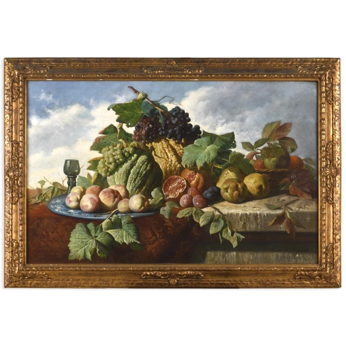 748 - LUCAS SCHAEFELS (1824-1885) STILL LIFE OF FRUIT AND A GOBLET UPON A DRAPED STONE LEDGE Signed, oil o... 